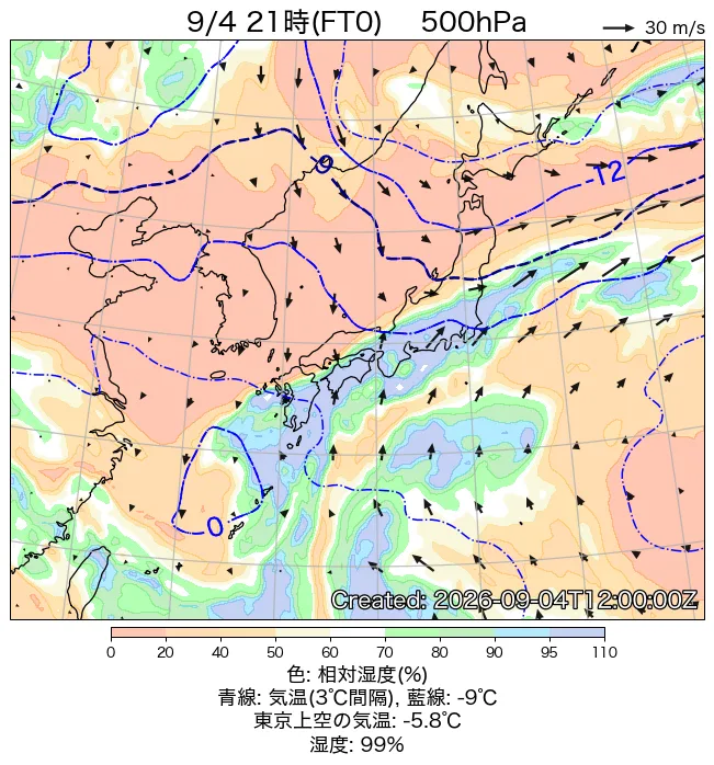 2026年9月4日の日本周辺の500hPa天気図（21時）