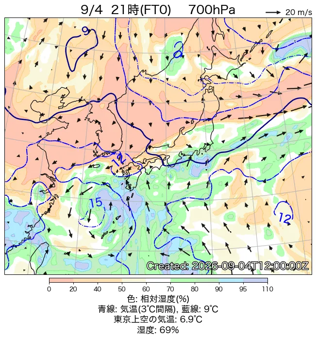 2026年9月4日の日本周辺の700hPa天気図（21時）