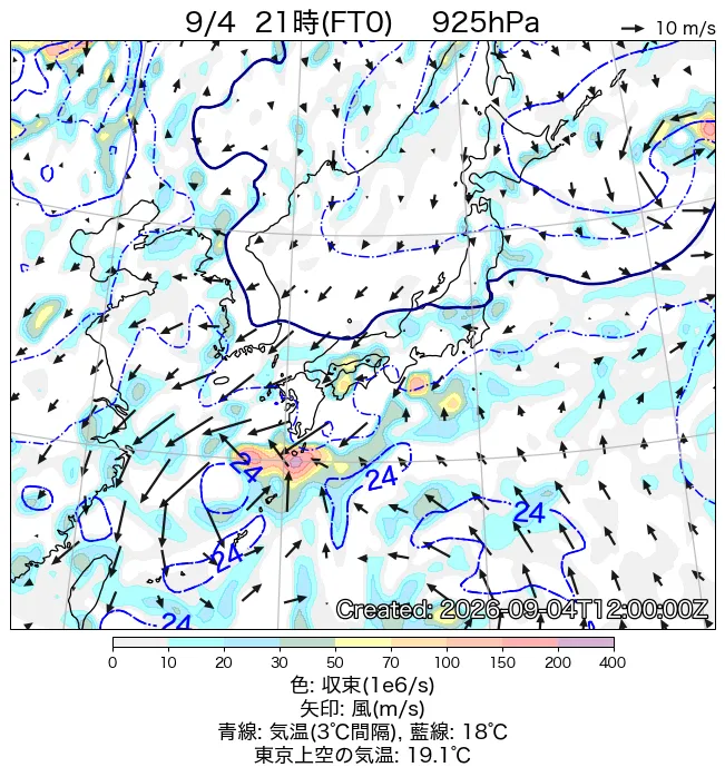 2026年9月4日の日本周辺の925hPa天気図（21時）