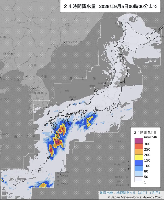 2026年9月4日の日本周辺の日解析雨量の図