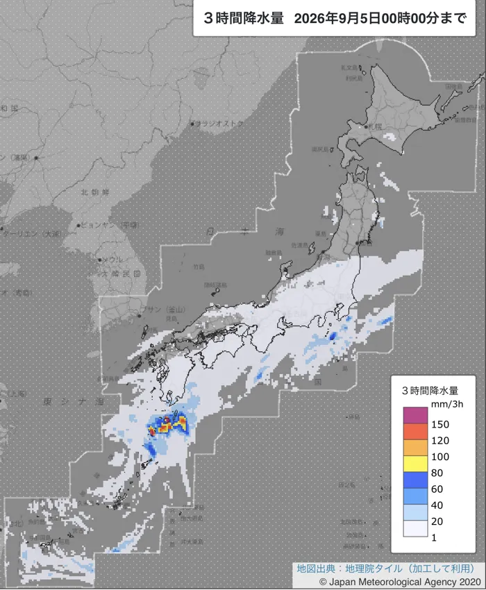 2026年9月4日21〜24時の日本周辺の3時間解析降水量