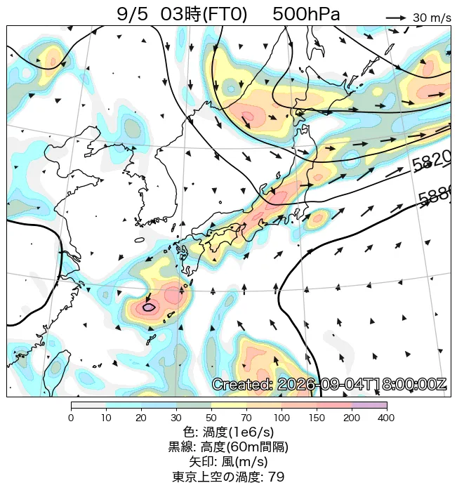 2026年9月5日の日本周辺の500hPa天気図（3時）