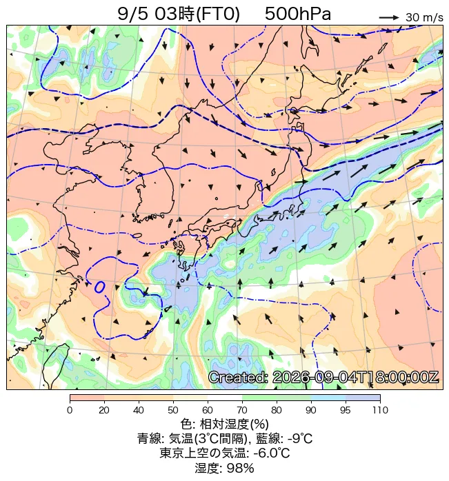 2026年9月5日の日本周辺の500hPa天気図（3時）