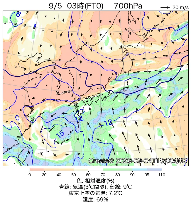 2026年9月5日の日本周辺の700hPa天気図（3時）