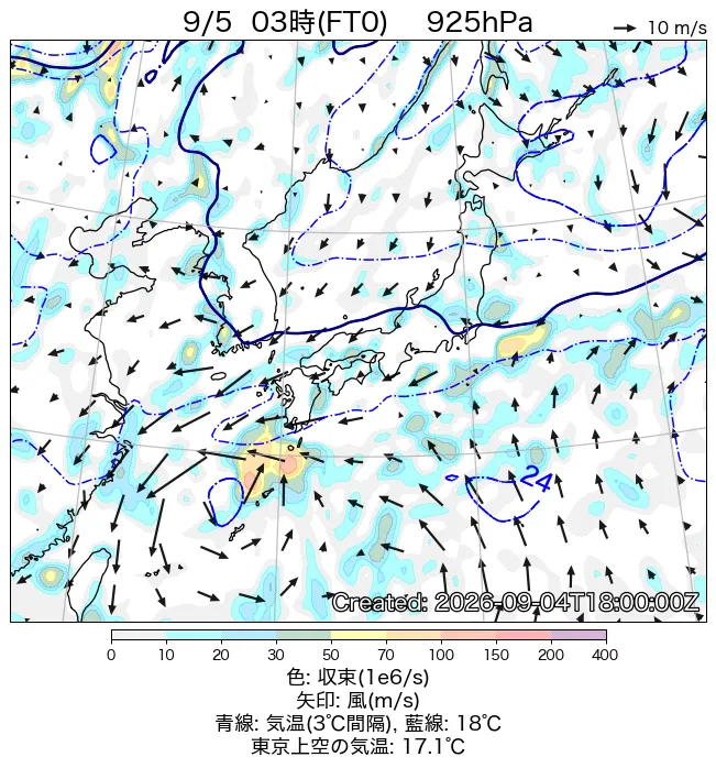 2026年9月5日の日本周辺の925hPa天気図（3時）