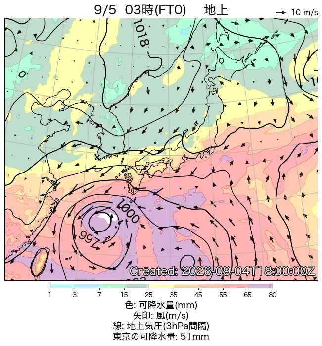 2026年9月5日の日本周辺の地上天気図（3時）