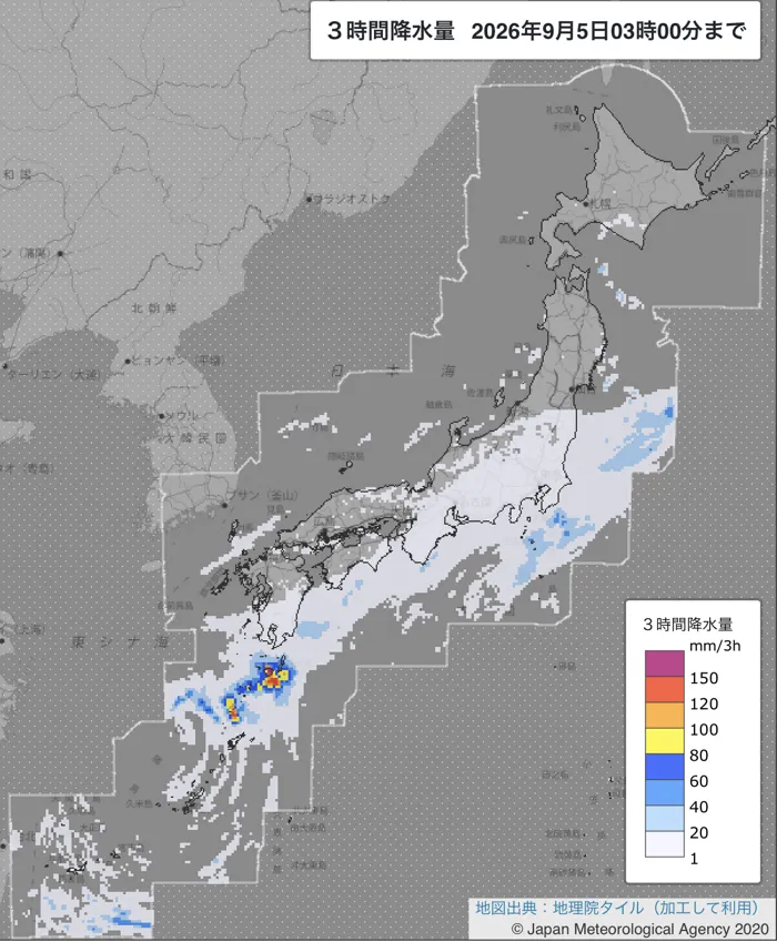 2026年9月5日0〜3時の日本周辺の3時間解析降水量