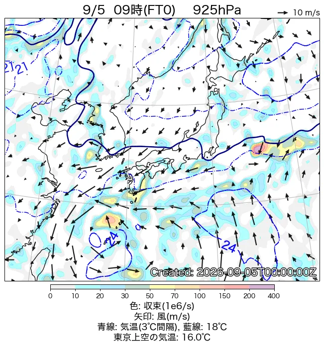 2026年9月5日の日本周辺の925hPa天気図（9時）