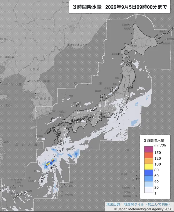 2026年9月5日6〜9時の日本周辺の3時間解析降水量