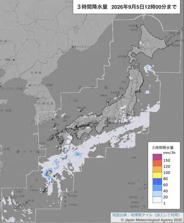 2026年9月5日9〜12時の日本周辺の3時間解析降水量