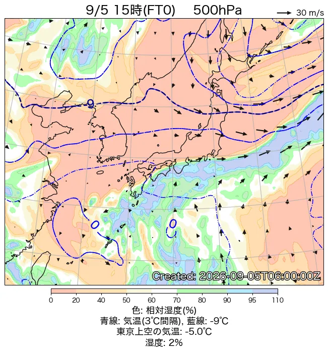 2026年9月5日の日本周辺の500hPa天気図（15時）