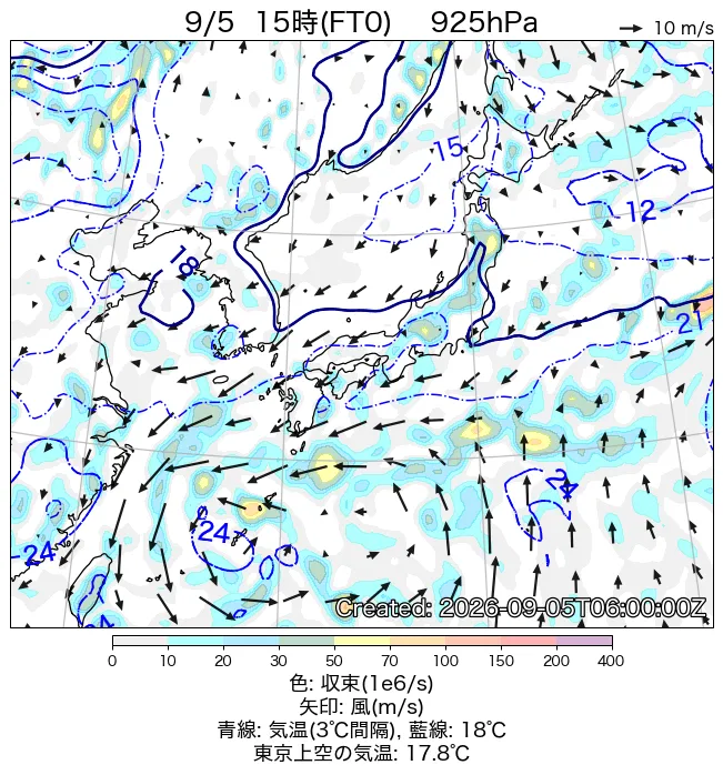 2026年9月5日の日本周辺の925hPa天気図（15時）