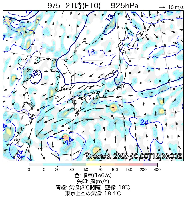 2026年9月5日の日本周辺の925hPa天気図（21時）