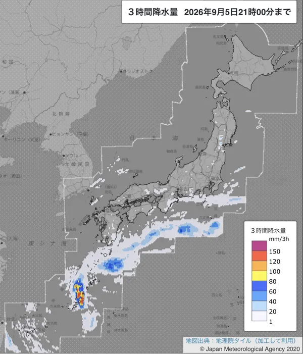 2026年9月5日18〜21時の日本周辺の3時間解析降水量