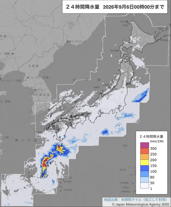 2026年9月5日の日本周辺の日解析雨量の図
