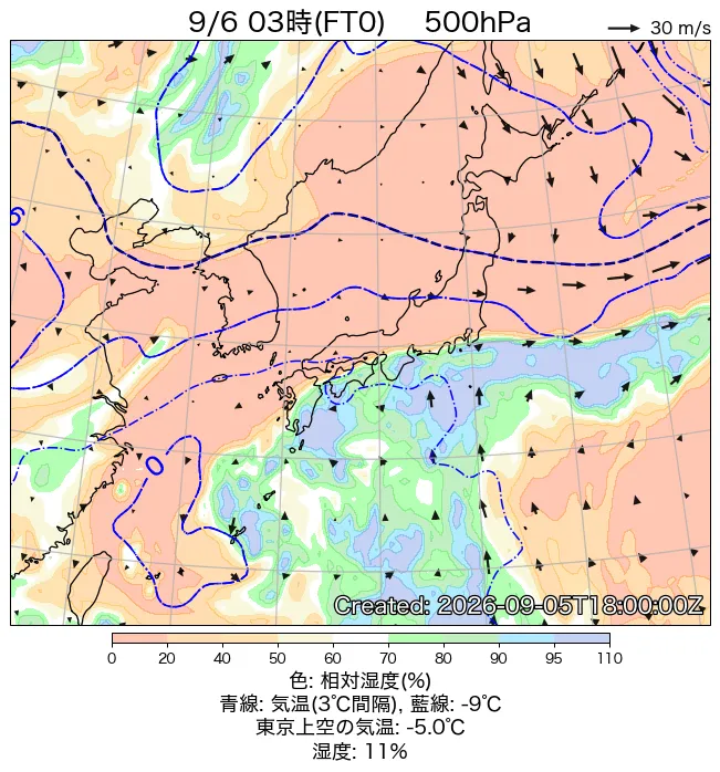 2026年9月6日の日本周辺の500hPa天気図（3時）