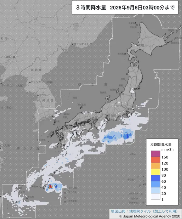 2026年9月6日0〜3時の日本周辺の3時間解析降水量