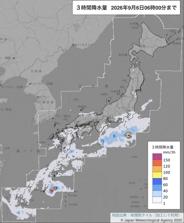 2026年9月6日3〜6時の日本周辺の3時間解析降水量