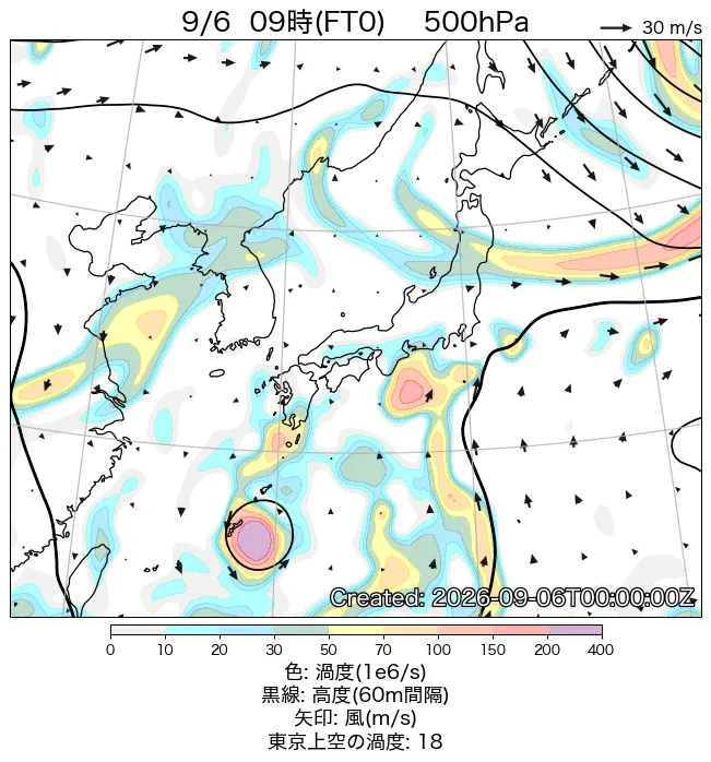 2026年9月6日の日本周辺の500hPa天気図（9時）