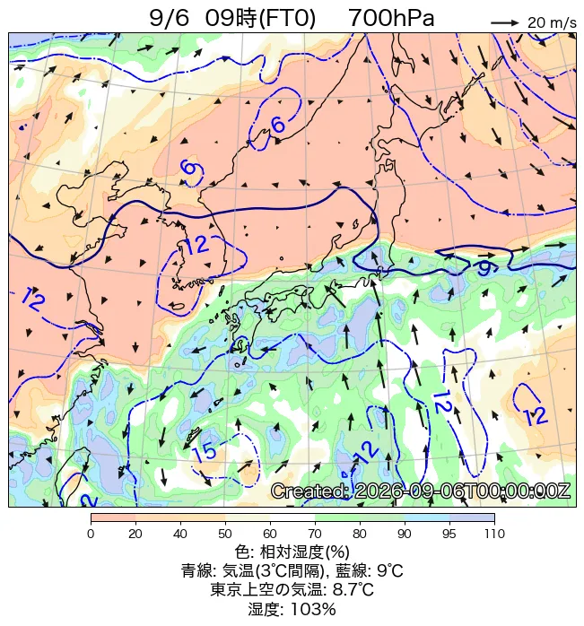2026年9月6日の日本周辺の700hPa天気図（9時）