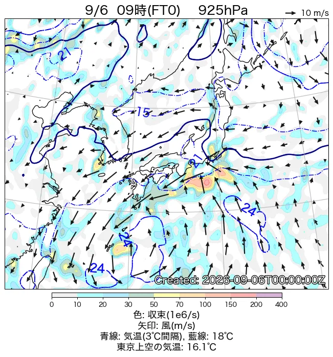 2026年9月6日の日本周辺の925hPa天気図（9時）