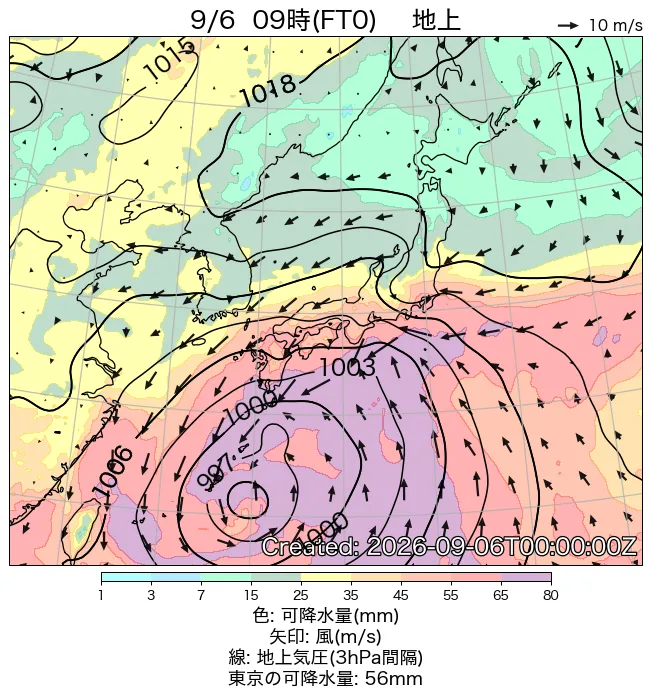 2026年9月6日の日本周辺の地上天気図（9時）