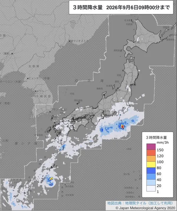 2026年9月6日6〜9時の日本周辺の3時間解析降水量