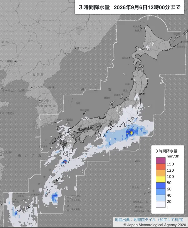 2026年9月6日9〜12時の日本周辺の3時間解析降水量