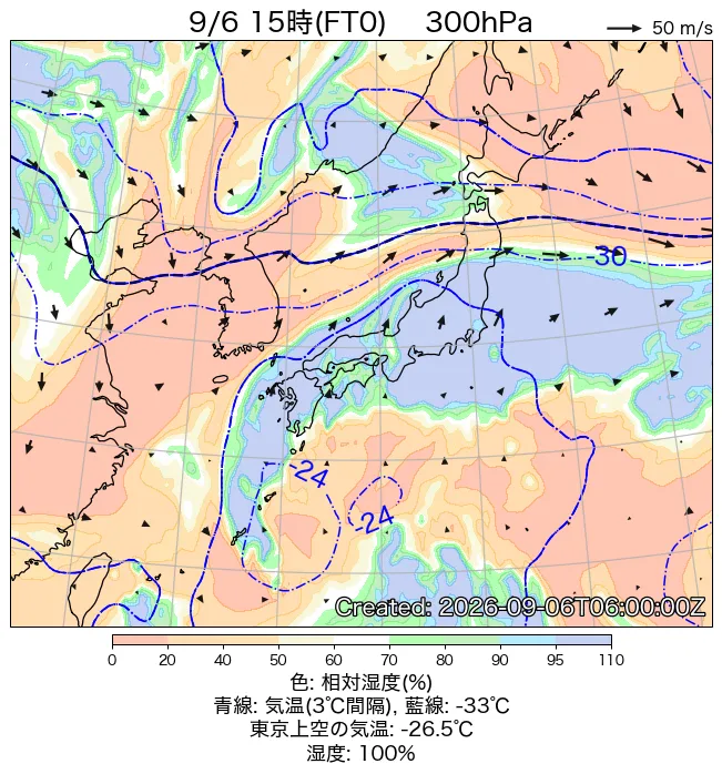 2026年9月6日の日本周辺の300hPa天気図（15時）
