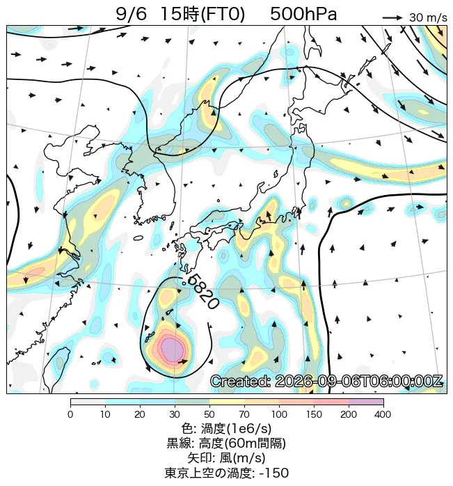 2026年9月6日の日本周辺の500hPa天気図（15時）