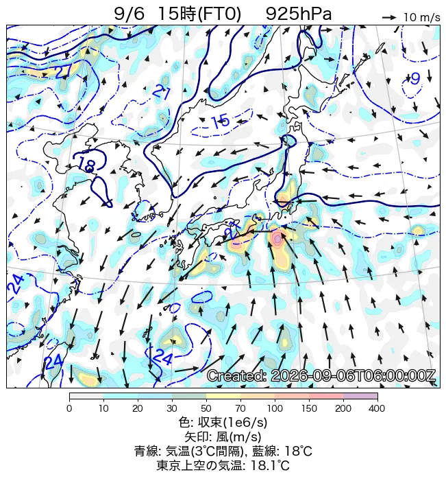 2026年9月6日の日本周辺の925hPa天気図（15時）