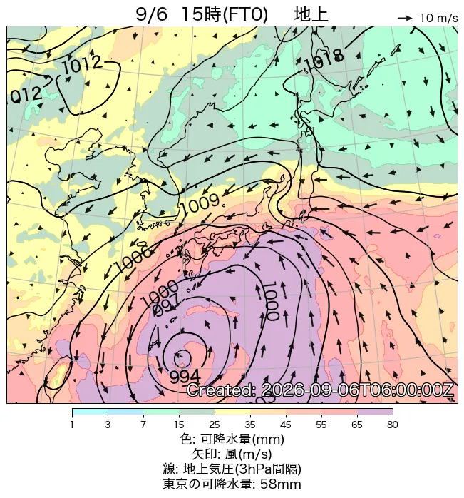 2026年9月6日の日本周辺の地上天気図（15時）