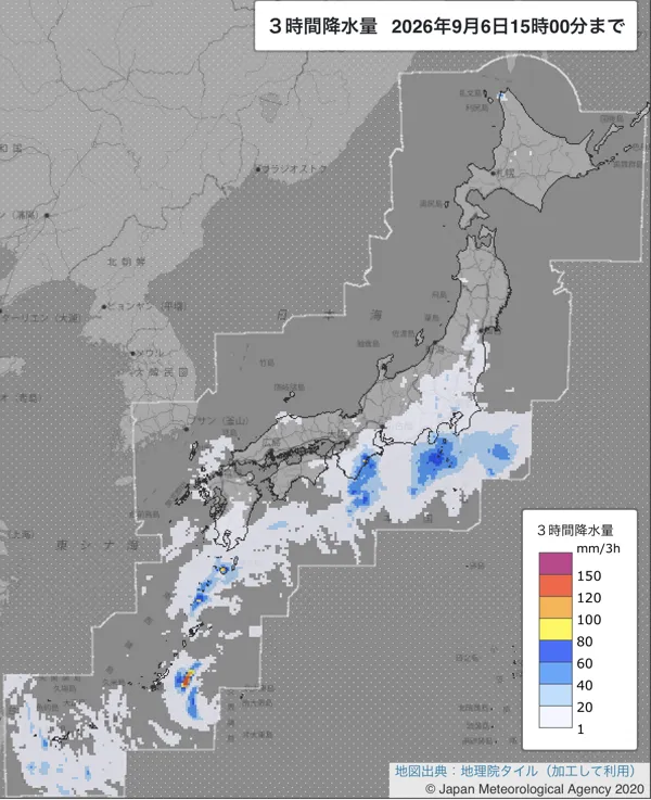 2026年9月6日12〜15時の日本周辺の3時間解析降水量