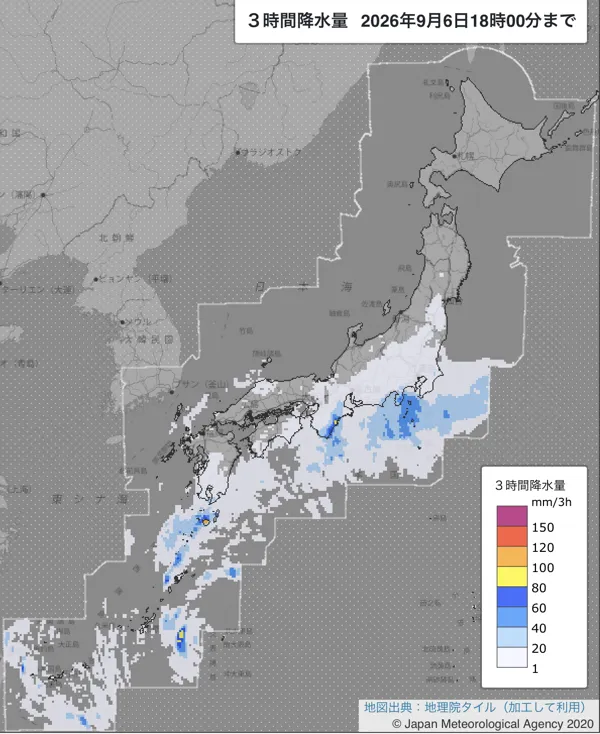 2026年9月6日15〜18時の日本周辺の3時間解析降水量