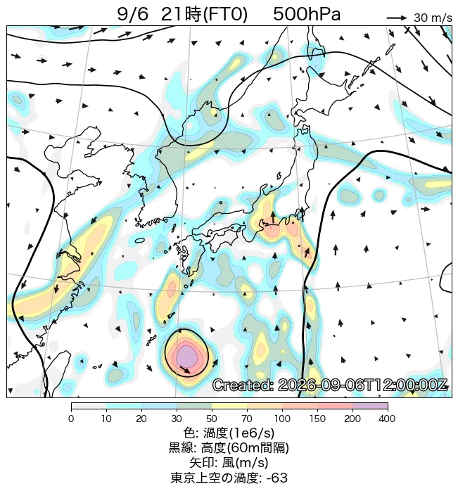 2026年9月6日の日本周辺の500hPa天気図（21時）