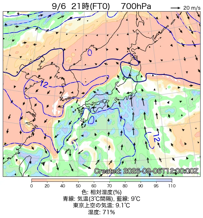 2026年9月6日の日本周辺の700hPa天気図（21時）