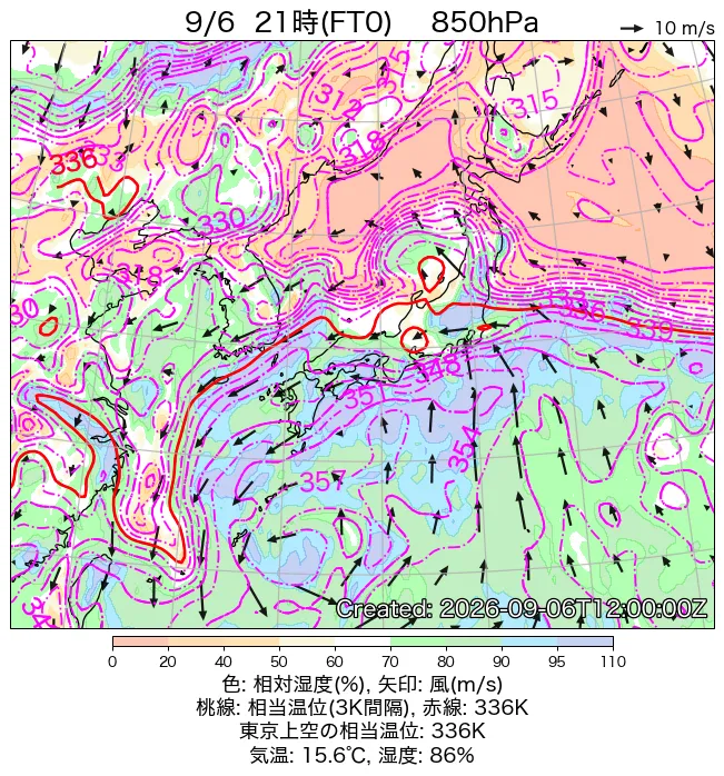 2026年9月6日の日本周辺の850hPa天気図（21時）