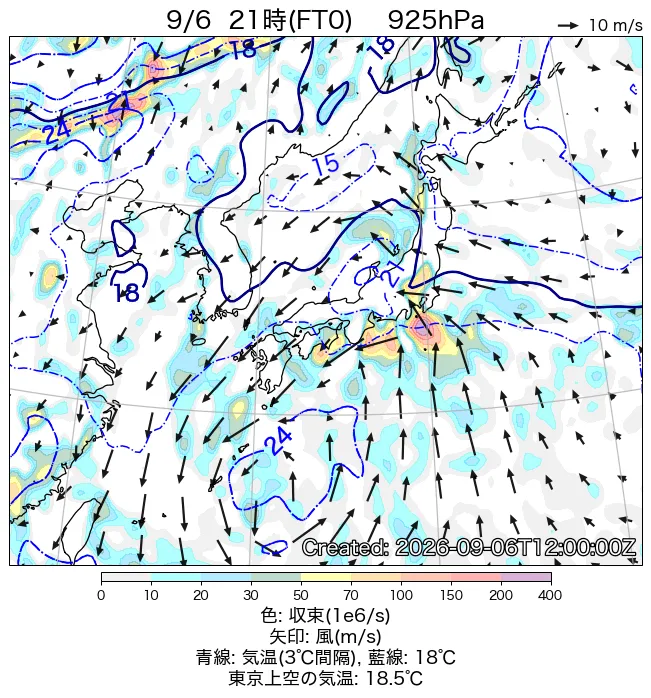 2026年9月6日の日本周辺の925hPa天気図（21時）