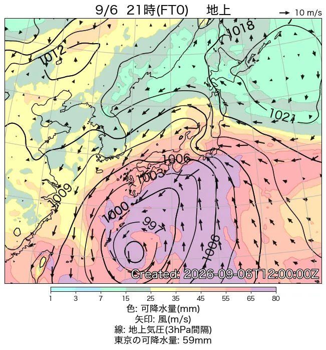 2026年9月6日の日本周辺の地上天気図（21時）