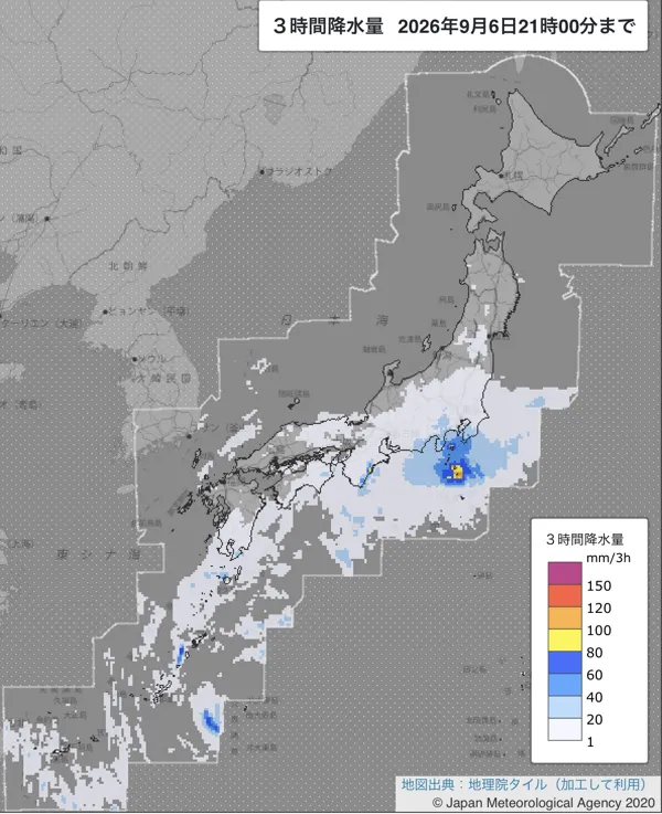 2026年9月6日18〜21時の日本周辺の3時間解析降水量