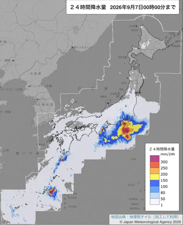 2026年9月6日の日本周辺の日解析雨量の図