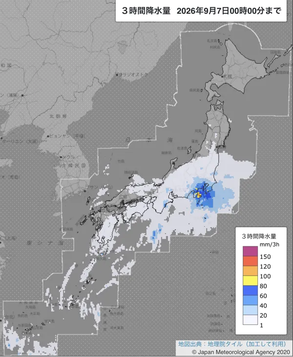 2026年9月6日21〜24時の日本周辺の3時間解析降水量