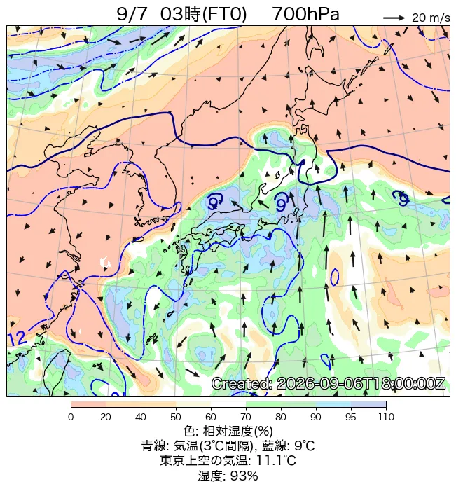 2026年9月7日の日本周辺の700hPa天気図（3時）