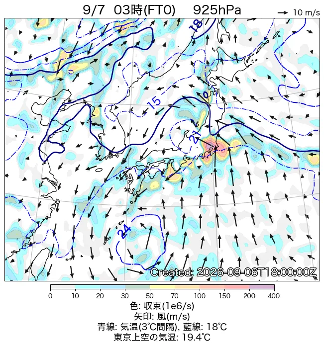 2026年9月7日の日本周辺の925hPa天気図（3時）