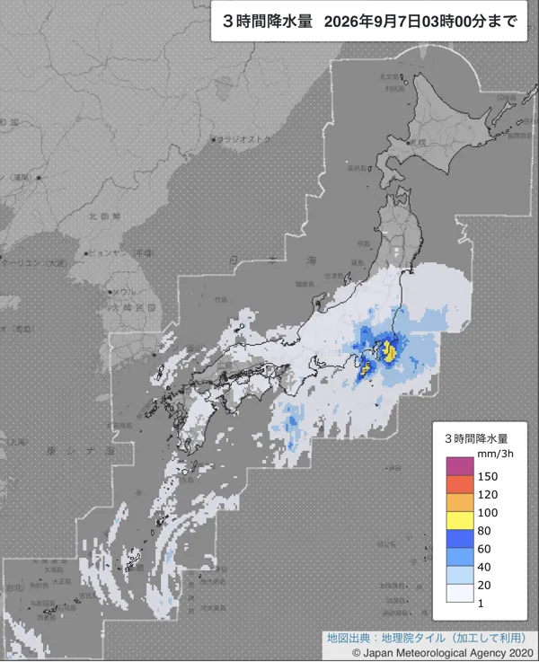2026年9月7日0〜3時の日本周辺の3時間解析降水量