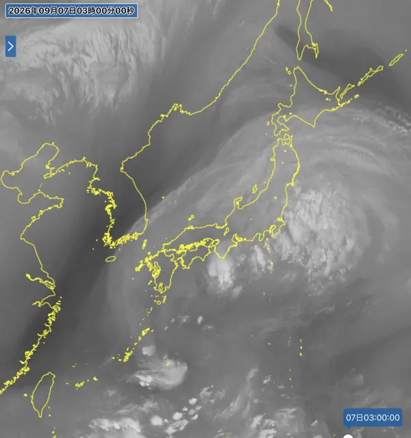 2026年9月7日3時の日本周辺の衛星水蒸気画像
