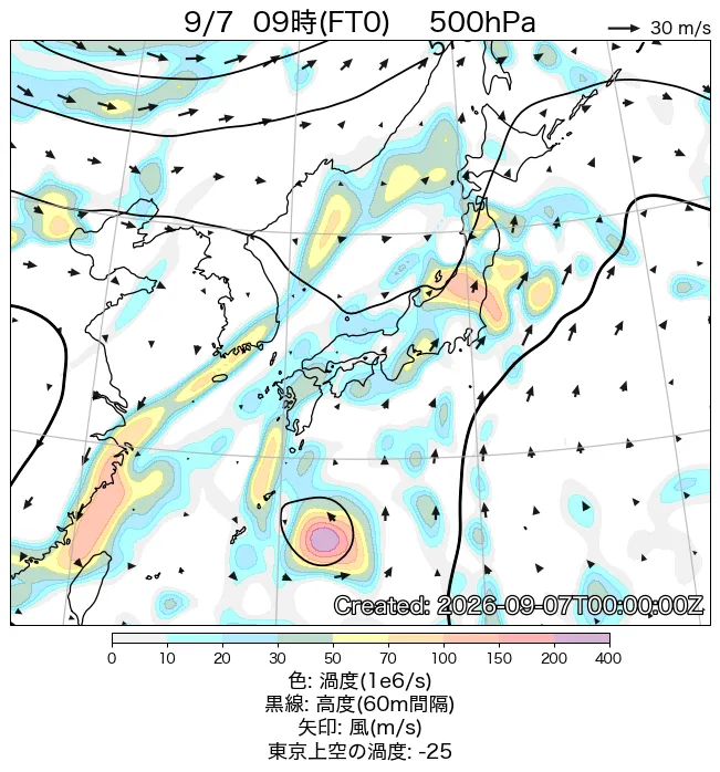 2026年9月7日の日本周辺の500hPa天気図（9時）