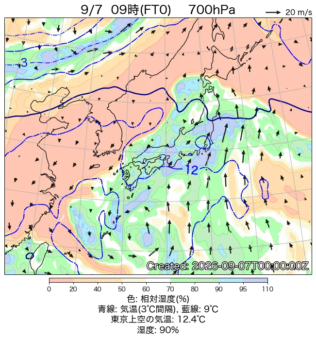 2026年9月7日の日本周辺の700hPa天気図（9時）