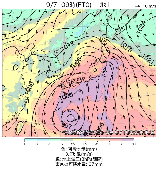 2026年9月7日の日本周辺の地上天気図（9時）