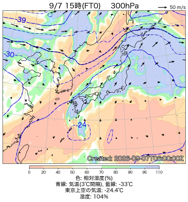 2026年9月7日の日本周辺の300hPa天気図（15時）